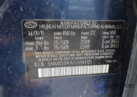 2020 Hyundai Santa Fe Limited 2.0T из США, поврежденный, VIN 5NMS53AA7LH144121